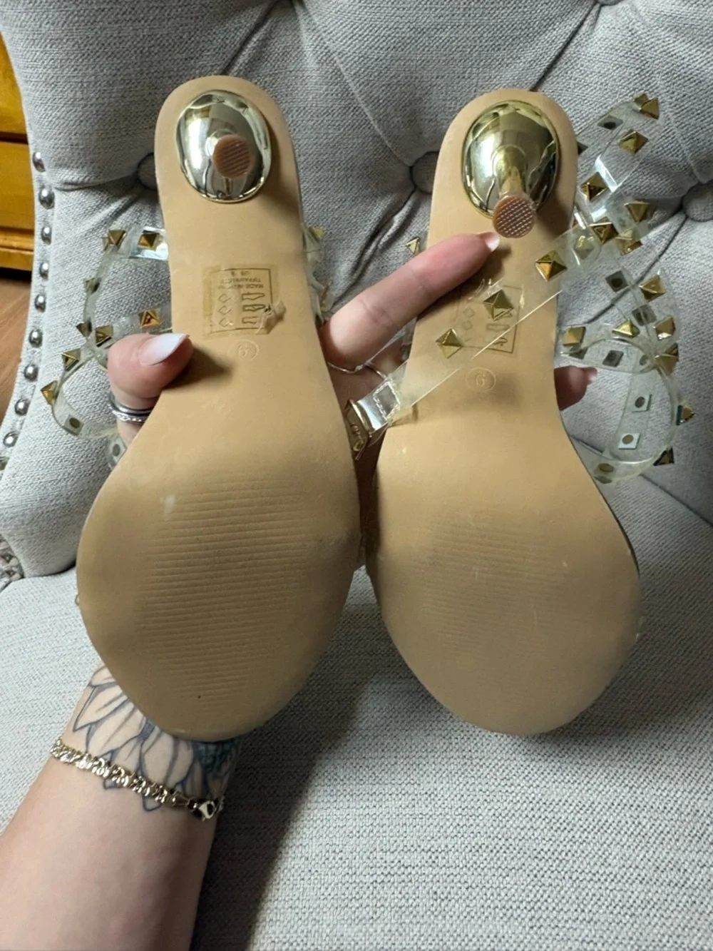 Fashion Nova clear/studded Women's Sandals in Nude/Gold